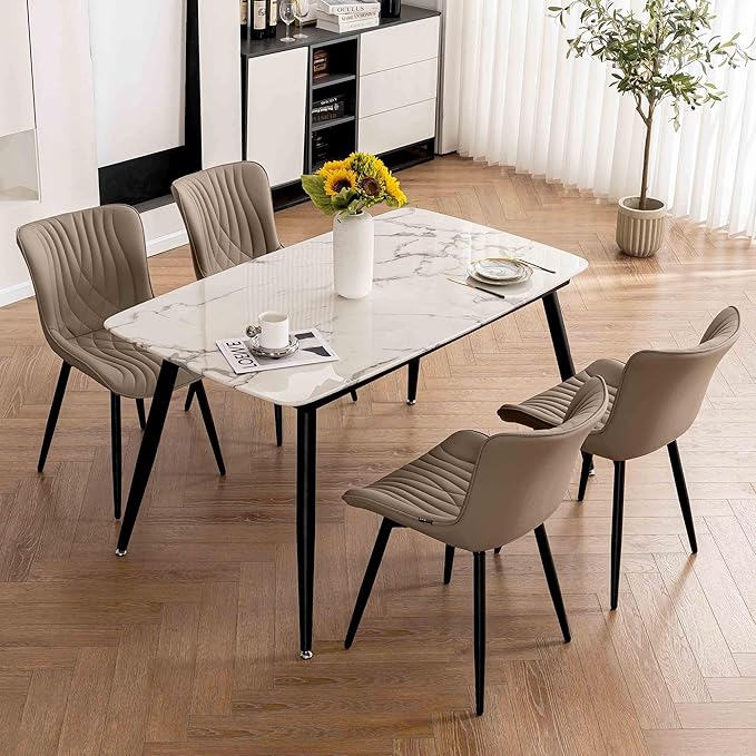 Kidol & Shellder Khaki Dining Chairs Set of 2,Faux Leather Upholstered Mid Century Modern Kitchen&Dining Room Chair with Back,Ergonomic Armless Vanity&Living Room Chair with Metal Legs