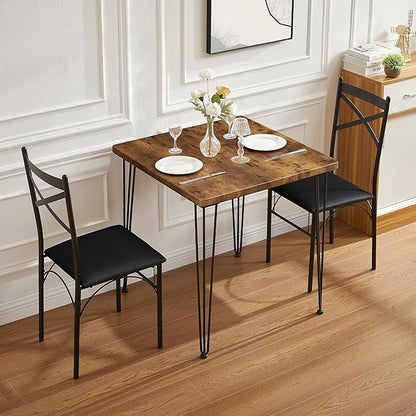 VECELO 3-Piece Dining Table Set for Home Kitchen Small Space Breakfast Nook, 2 Faux Leather Metal Frame Chairs,Brown,Set for 2