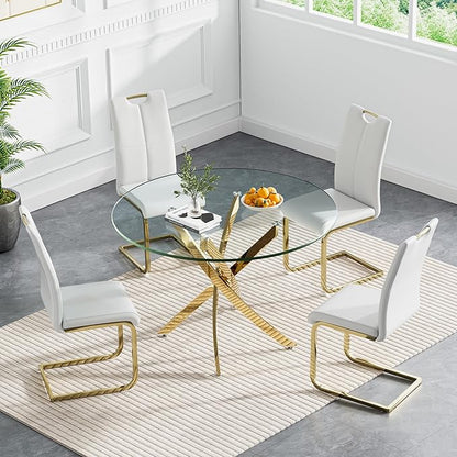 Goujxcy 5 Pieces Round Dining Table Set for 4, Modern Gold Glass Kitchen Table and Chairs for 4 with Upholstered Chairs, Circle Coffee Dining Table Set for Small Space,Apartment,Office