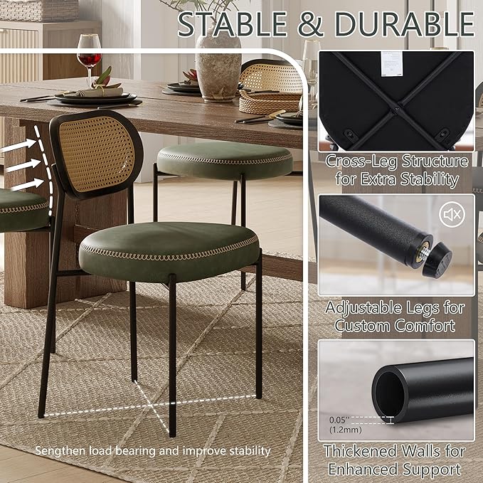 Rattan Dining Chairs Set of 2, Green Leather Upholstered Dining Chairs with Rattan Cane Back, Mid Century Modern Dining Room Chairs with Black Metal Legs & D-Shaped Thicken Cushion, Green