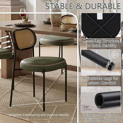 Rattan Dining Chairs Set of 6, Green Leather Upholstered Dining Chairs with Rattan Cane Back, Mid Century Modern Dining Room Chairs with Black Metal Legs & D-Shaped Thicken Cushion, Green