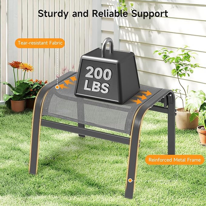 ONBRILL Outdoor Ottoman Set of 2, All Weather Outdoor Foot Stool with Supportive Textliene and Metal Frame, Stackable Oversized Outdoor Foot Rest for Furniture Patio Garden Pool, Grey