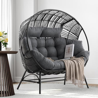 IRONCK 2 Person Egg Chair Outdoor Indoor, Oversized Double Wicker Lounge Chair, Thickened Padded Cushions and Headrests, 680Lbs Egg Loveseat for Patio, Balcony, Living Room, Porch, Gray