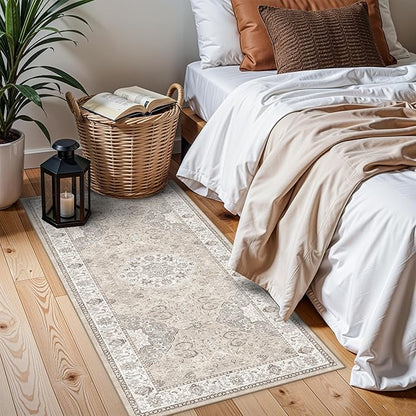 Washable 2x4 Entryway Area Rugs: Vintage Water Resistant Kitchen Rug Non-Slip Durable Doormat Ultra Soft Living Room Bedroom Carpet Indoor Low Pile Floor Mat for Bathroom Dining Room(2x4,Beige)