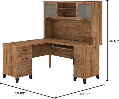 Bush Furniture Somerset 60W L Shaped Desk with Hutch in Fresh Walnut