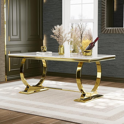 Asday White and Gold Dining Table, 72 inch Dining Room Table with Polished Stainless Steel U-Base for 4-8