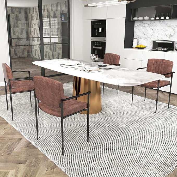 Mid-Century Modern PU Leather Dining Chairs Set of 4, Upholstered Kitchen Chairs with Arms and Metal Legs Adjustable Feet for Kitchen Dining Room(Brown)