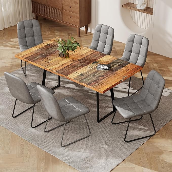 ZckyCine Extendable Dining Table Set 47"-63", Rustic Wood Table with 6 PU Leather Chairs, Modern Scandinavian Dining Room Furniture for Kitchen Apartment