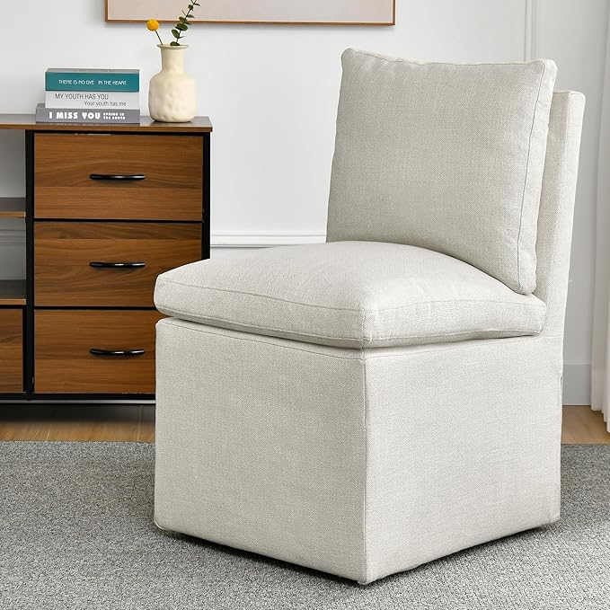 DUHOME Upholstered Armless Dining Chair with Casters,Linen Accent Chair for Living Room,Single Sofa Char with 4 Casters for Bedroom Reading Waiting Kitchen Dining Room