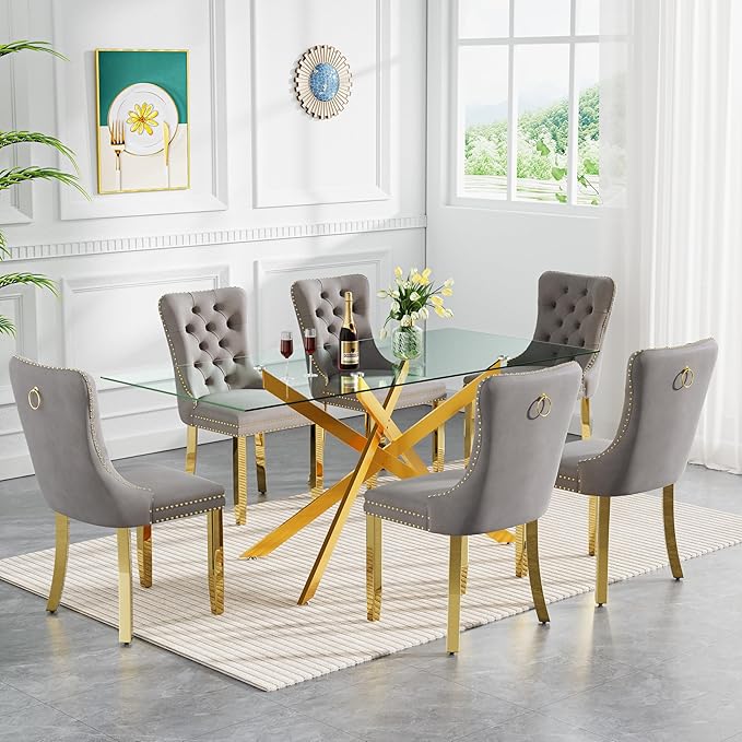 Goujxcy 7 Piece Glass Dining Table Set Modern Glass Dining Table Set for 6, 61" Rectangular Gold Kitchen Table and 6 Velvet Upholstered Chairs, Gold Table & Gray Chair