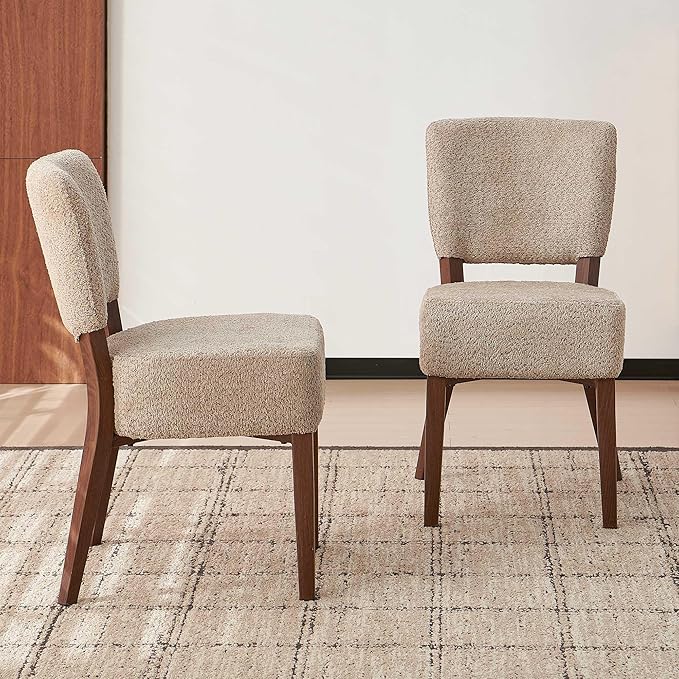 Howtek Modern Dining Chairs Set of 2 with 6.3" Thick Seat Cushions, Space-Saving Stackable Upholstered Kitchen Chairs, Ergonomic Backrest & Wood Grain Metal Legs, Brown