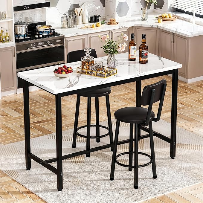 DKLGG 47" Rectangle Dining Table Set for 2 With MDF Tabletop & PU Leather Chairs - Bar Pub Set for Small Space Kitchen, Living Room, Apartment, White