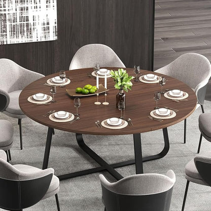 LVB 60-Inch Round Dining Table, Modern Wood Metal Kitchen Tables, Industrial Large Dinner Room Table for 6 to 8, Circle Dining Room Tables for Home Kitchen Living Room, Walnut