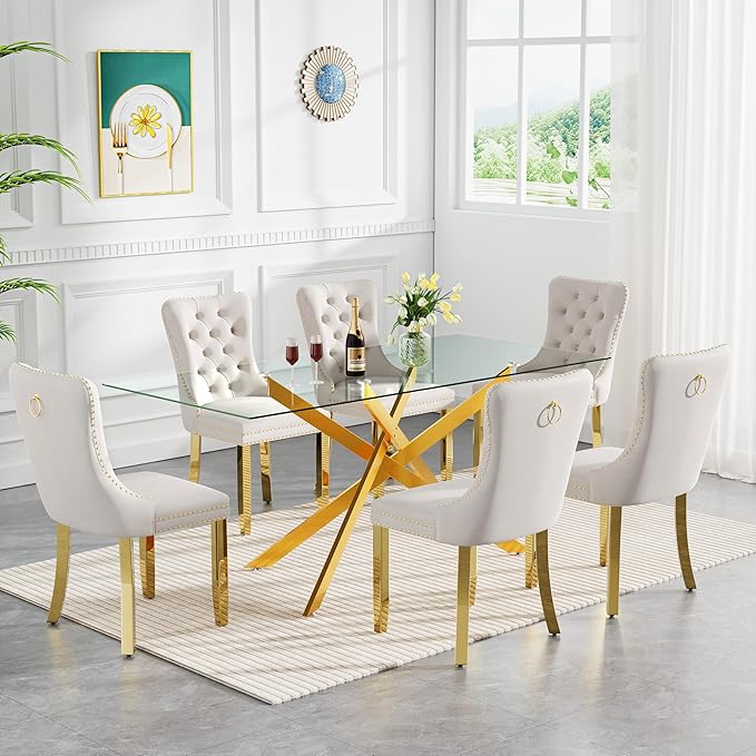 Goujxcy 7 Piece Glass Dining Table Set Modern Glass Dining Table Set for 6, 61" Rectangular Gold Kitchen Table and 6 Velvet Upholstered Chairs, Gold Table & Beige Chair
