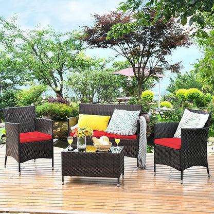 Tangkula 4 PCS Patio Rattan Conversation Set, Outdoor Wicker Furniture with Tempered Glass Coffee Table & Thick Cushion, Rattan Chair Wicker Set for Garden, Lawn, Poolside and Backyard (1, Red)