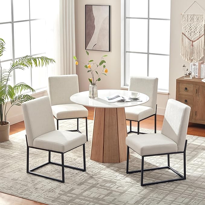 VKNOW Upholstered Dining Chairs Set of 4, Modern Dining Room Chairs, Linen Kitchen Chair Dinner Chair with Black Metal Base for Kitchen Office, Beige-Unstriped