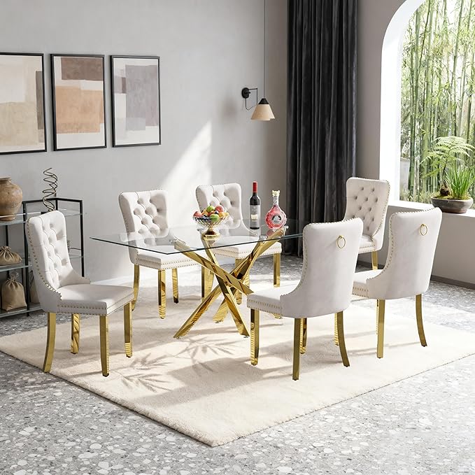 Goujxcy 51" Glass Dining Table Set for 6, Modern Kitchen Table and Chairs Set w/Steel Legs, 7-Piece Dining Table Set w/Glass Gold Dining Table and 6 Beige Velvet Chairs for Kitchen Dining Room