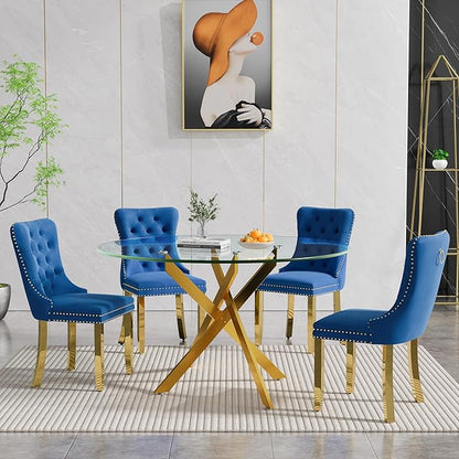 Goujxcy Round Dining Table Set for 4, Modern Glass Kitchen Table and Chairs Set of 4, 5-Piece Dining Room Table Set w/47 Circle Gold Glass Dining Table and 4 Upholstered Velvet Chairs