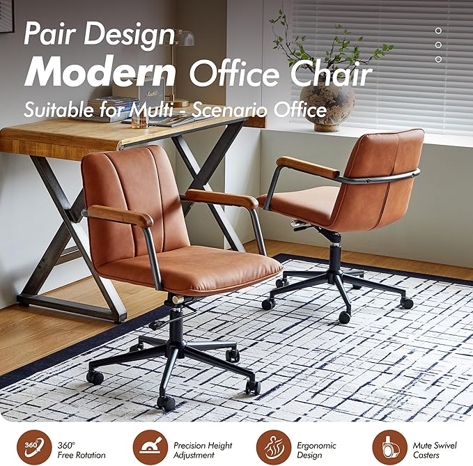 Home Office Desk Chair, Ergonomic Minimalist Faux Leather Swivel Chair with Oak Wood Armrests, Comfortable Task Chair for Computer or Study Room, 2 Pack, Rust Brown