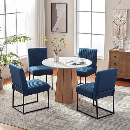 VKNOW Upholstered Dining Chairs, Modern Dining Room Chairs with Stripe, Linen Kitchen Chair Dinner Chair with Black Metal Base for Kitchen Office, Blue