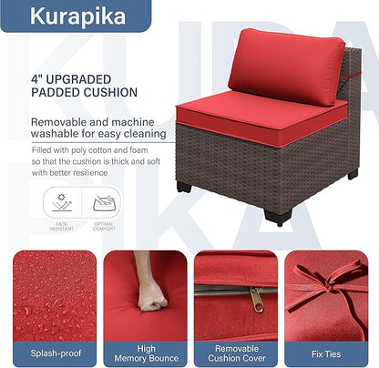 Kurapika 7 Pieces Patio Furniture Set, Rattan Wicker Outdoor Conversation Sets w/4 Inch Cushion and Glass Coffee Table(Red)