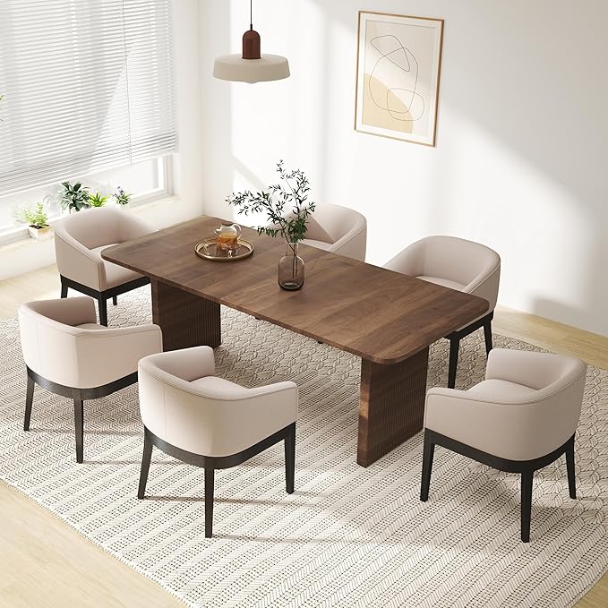 Mid-Century Modern Beige Dining Chairs Set of 6, Linen Upholstered Kitchen Dining Room Chairs with Black Wood Legs, Curved Backrest Armchairs, Beige