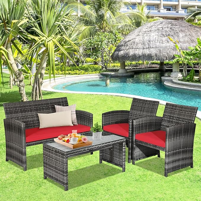 Goplus 4-Piece Rattan Patio Furniture Set, Outdoor Wicker Conversation Sofa with Weather Resistant Cushions and Tempered Glass Tabletop for Lawn Backyard Pool Garden (Red)