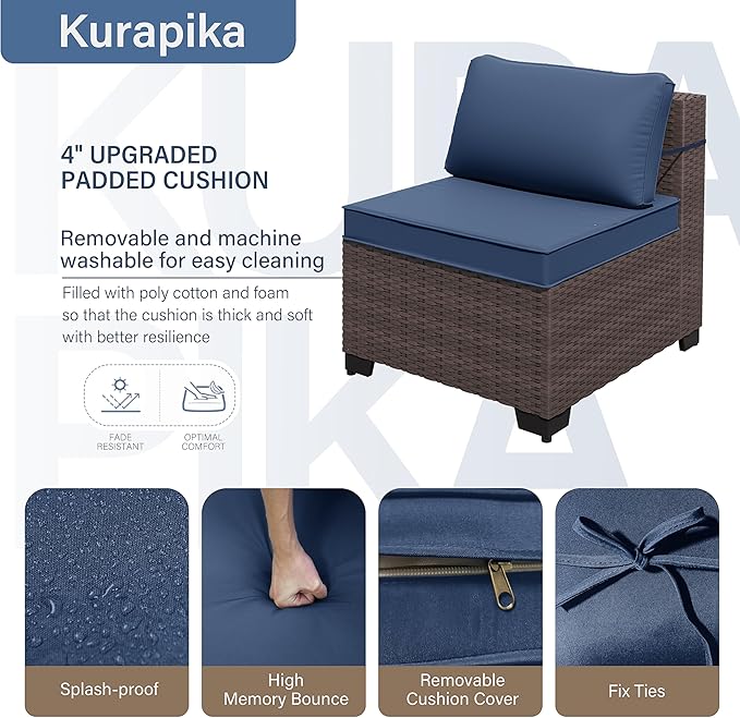 Kurapika 8 Pieces Patio Furniture Set, Rattan Wicker Outdoor Conversation Sets w/43in Propane Fire Pit Table and 4 Inch Cushion(Navy Blue)