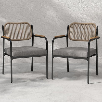Outdoor Dining Chairs Set of 2, Wicker Patio Dining Chairs with Removable Cushions, Rectangle Patio Table Chair, All Weather Outdoor Chairs, Metal Lawn Chair for Adults/Indoor/Balcony, Gray