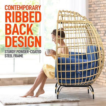 Jovial Wicker Rattan Egg Chair,Indoor Outdoor Blue Sofa Chair for Patio Backyard and Living Room with 4 Cushions and Powder Coated Steel Frame,Woven Texture Contemporary Ribbed Back Design