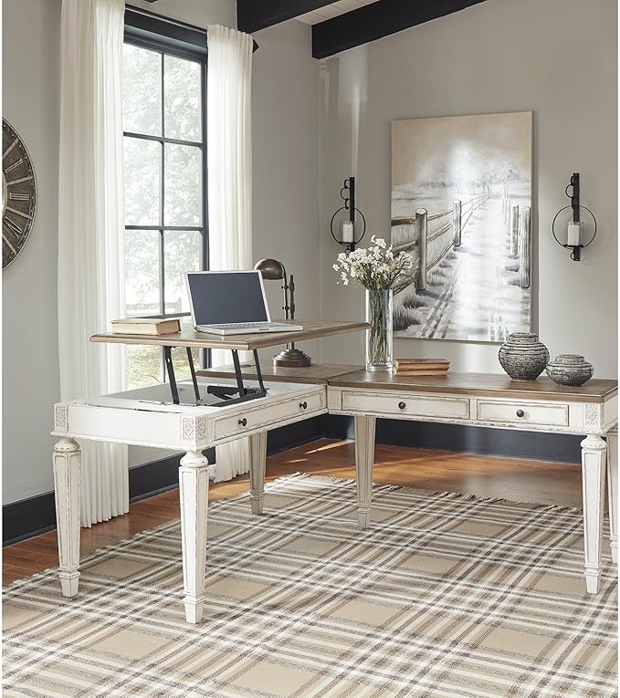 Signature Design by Ashley Realyn French Country 60" Home Office Lift Top Desk with USB Charging, Chipped White