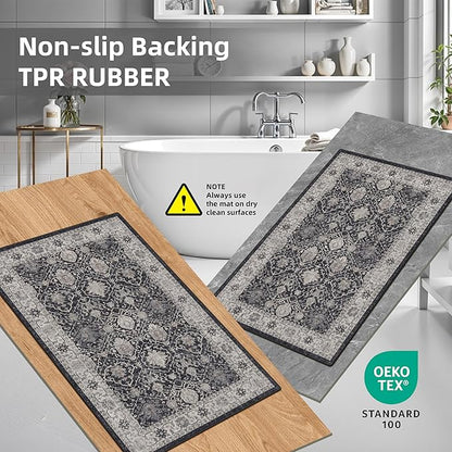 Washable 4-Piece Kitchen Floor Mats: Farmhouse Non-Slip Kitchen Sink Rug Easy Clean Water-Resistant Runners for Hallway Bathroom Soft Decorative Carpet for Pet Feeding Area(2x3+2x4+2x5+2x6,Black)