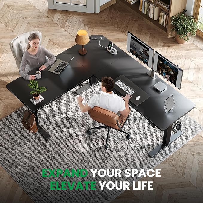 SIAGO L-Shaped Standing Desk - 75 x 63 Inch Adjustable Corner Standing Desk with Charging Station - L Shape Sit Stand Table with Memory Controller, Splice Board for Home Office