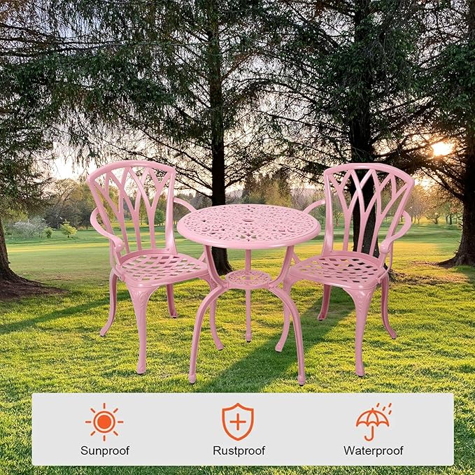 3-Piece Cast Aluminum Patio Bistro Set, Outdoor Rust-Resistant Furniture with 2 Chairs and Table (Pink)