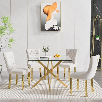 Goujxcy Glass Dining Table Set for 4, Modern Kitchen Table and Chairs Set of 4, 5-Piece Kitchen Dining Room Table Set w/36 Square Gold Glass Dining Table and 4 Beige Velvet Upholstered Chairs