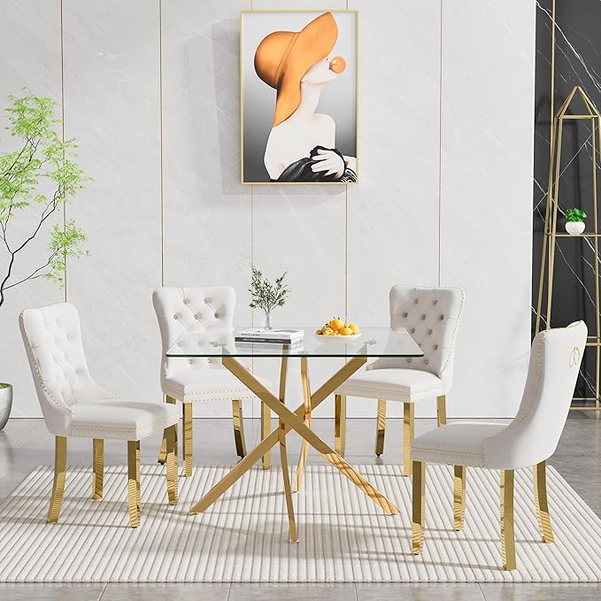 Goujxcy 5 Piece Glass Dining Table Set Modern Small Glass Dining Table Set for 4, 35.43" Square Kitchen Table and 4 Velvet Upholstered Chairs for Kitchen Dining Room, Gold & Beige