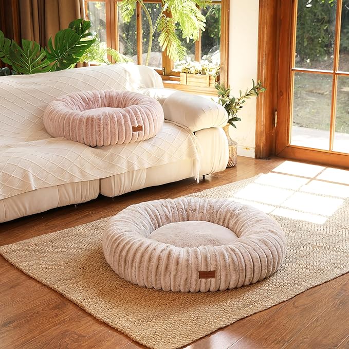 FUKUMARU Dog Bed, Calming Donut Dog Beds for Anxious Dogs, Modern Aesthetic Cat Bed with Gradient Print, Cute Round Pet Beds with Washable Cover, Orthopedic Puppy Bed, Camel, Medium, 30 inches