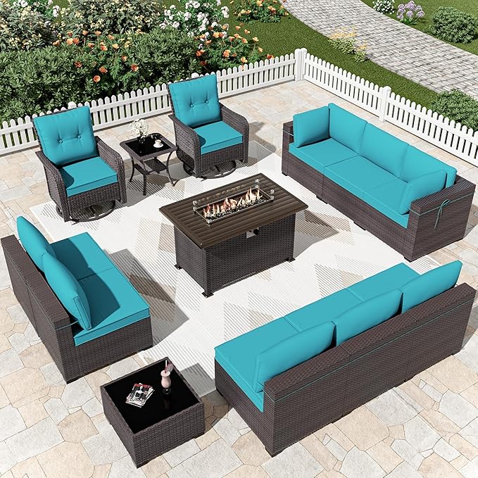 Kurapika 13 Pieces Patio Furniture Set, Rattan Wicker Outdoor Conversation Sets w/43in Propane Fire Pit Table, Swivel Rocking Chairs Patio Sectional Sofa w/4 Inch Cushion, Blue
