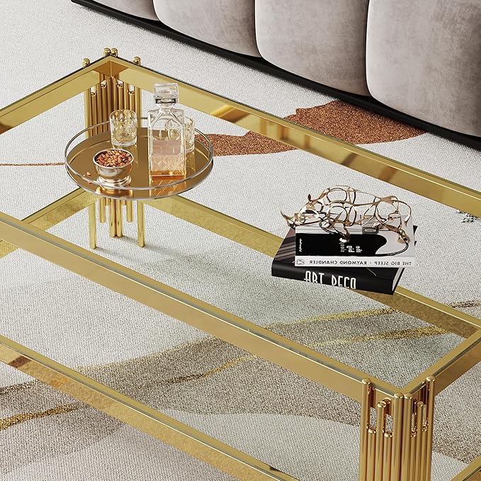 Goujxcy Modern Glass Coffee Table 47" Gold Center Table with Tempered Glass Top and Mirror Finish Stainless Steel Legs, Luxury Rectangular Coffee Table for Living Room Apartment (Gold)
