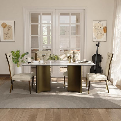 Modern Dining Table for 6, White Sintered Stone Dining Table Top with Brushed Bronze Stainless Steel Base, 70 inch Rectangle Dining Room Table for Home Restaurant (Only Table)