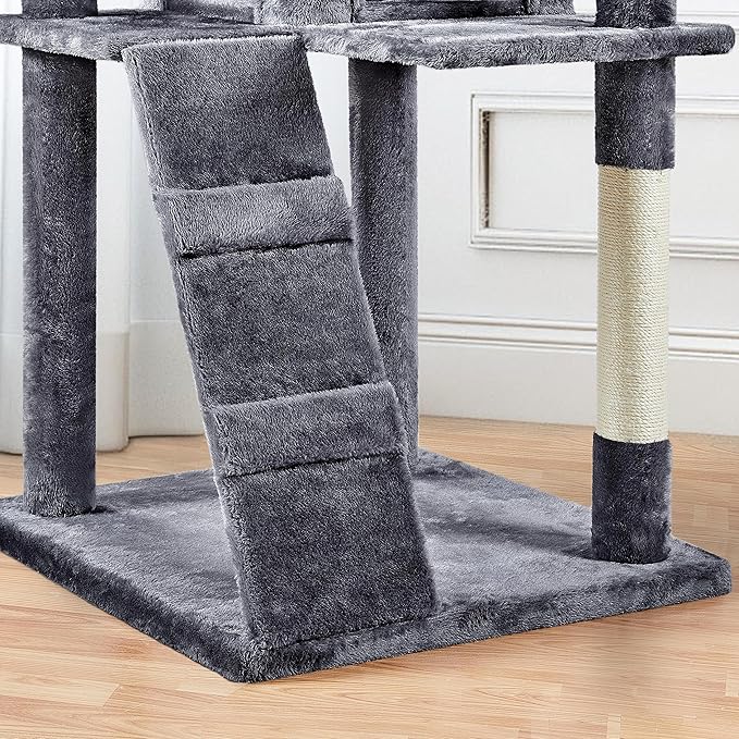 Yaheetech XL Cat Tree, 80in Multi-Level Tower With Scratching Posts, Double Caves, Perched Platforms and Dangling Balls, Stand House for Kittens Pet, Dark Gray