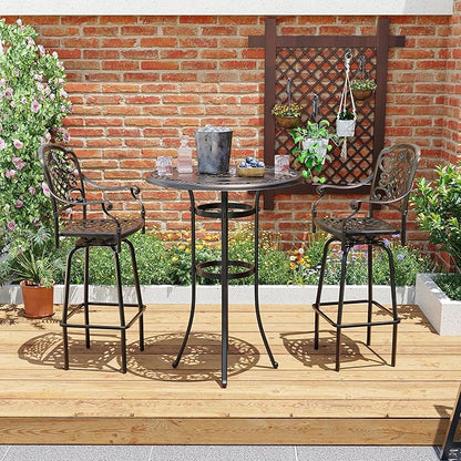 Pamapic 3-Piece Patio Swivel Bar Stools Set，Rustproof Cast Aluminum Patio Bar Sets 2，All-Weather High TopTable and Chairs Furniture Set Garden, Balcony, Bronze