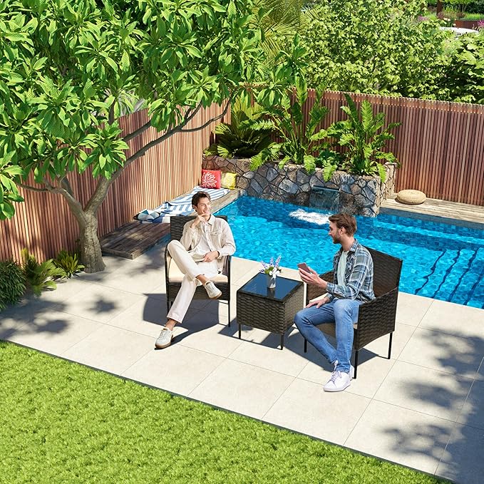 3 Pieces Patio Furniture Set, Outdoor Conversation Sets, Wicker Rattan Chairs for Garden Backyard Balcony Porch Poolside, Set with Glass Table and Soft Cushions (Black+Beige)