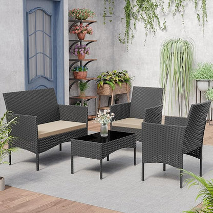 Kurapika Patio Furniture Set 4 Pieces Outdoor Wicker Rattan Chairs Conversation Sets w/Coffee Table, Rocking Bistro Set, for Patio Backyard Lawn (Sand)