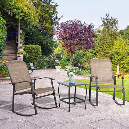 Shintenchi Rocking Chair Outdoor with Table, 3 Piece Rocking Patio Bistro Set, Outdoor Furniture Set with Metal Frame and Textilene Fabric for Small Space, Brown