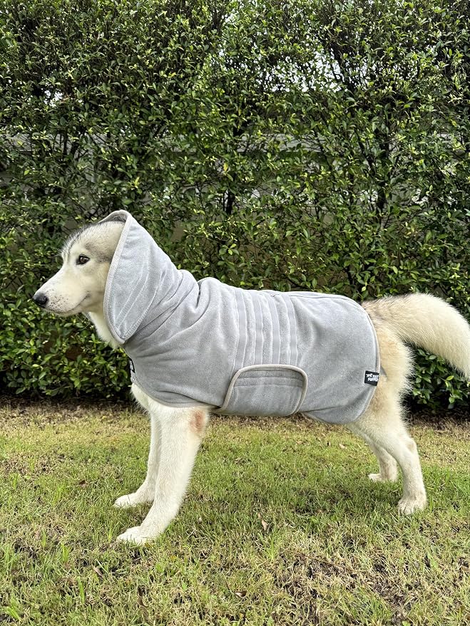 Tuff Pupper Fast Drying Dog Bath Robe | 800 GSM Plush Dog Towel Bathrobe/Dressing Gown | Super Absorbent Pet/Puppy Bathrobe | Adjustable Hood & Belly Strap | Super Soft | Fast Drying (L, Gray)