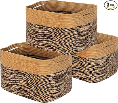 MINTWOOD Design 3-Pack Storage Baskets for Shelves, Decorative Baskets for Organizing, Woven Baskets for Storage, Book Basket Cube Storage Bin Box, Pantry Closet and Shoe Organizers, Black Jute