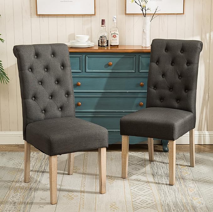 Roundhill Furniture Habit Solid Wood Tufted Parsons Charcoal Dining Chair, Set of 2