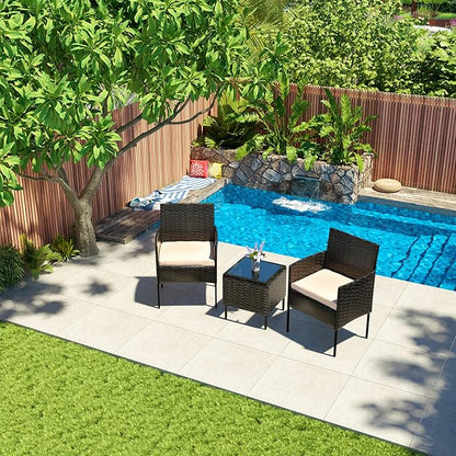 3 Pieces Patio Furniture Set, Outdoor Conversation Sets, Wicker Rattan Chairs for Garden Backyard Balcony Porch Poolside, Set with Glass Table and Soft Cushions (Black+Beige)
