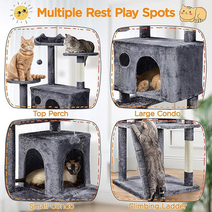 Yaheetech XL Cat Tree, 80in Multi-Level Tower With Scratching Posts, Double Caves, Perched Platforms and Dangling Balls, Stand House for Kittens Pet, Dark Gray